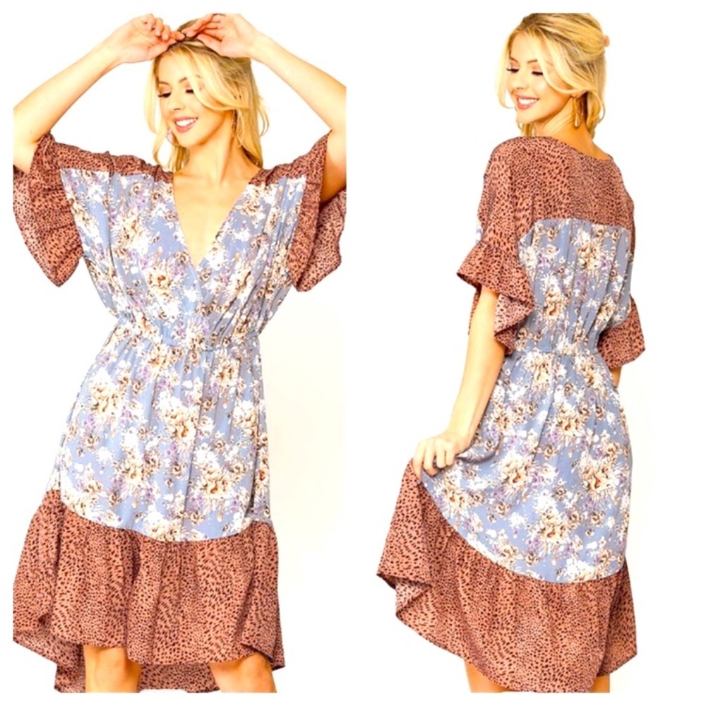 BoHo Mixed Floral & Leopard Print Dress